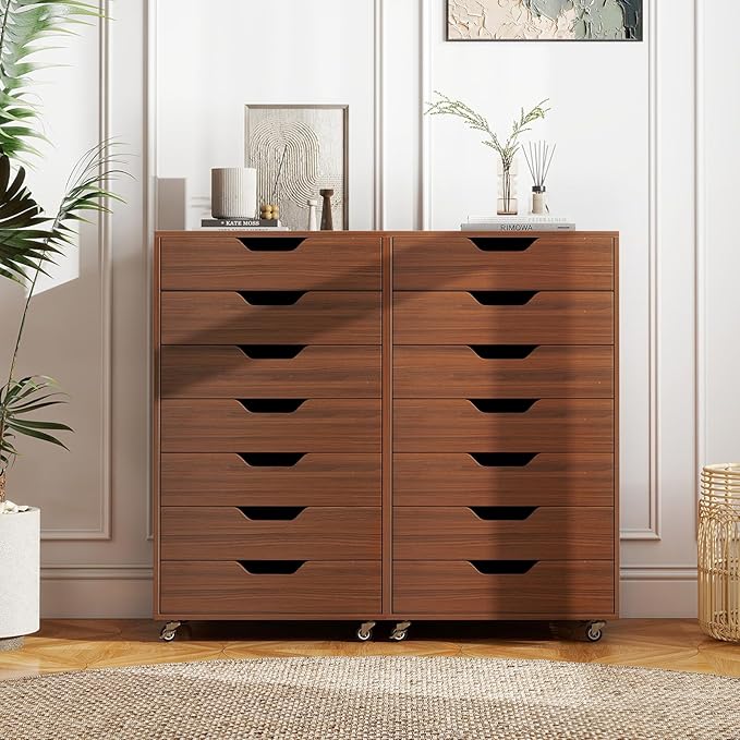 Giantex 7-Drawer Storage Cabinet, Mobile File Organizer with 4 Universal Casters, Wooden Vertical Filing Cabinet on Lockable Wheels for Office, Study, Living Room (19” x 15.5” x 34.5”,Walnut)