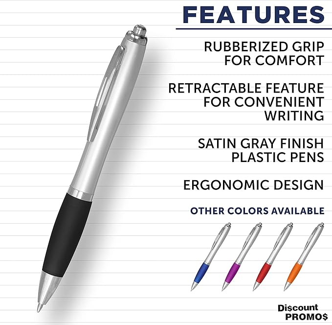 DISCOUNT PROMOS Ballpoint Pens With Rubber Grip, 10 pack, Black Ink Writing Pens in Bulk, Black