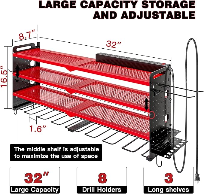 NattyDot Power Tool Organizer Wall Mount with Charging Station,Cordless Tool Organizer 8 Drill Holder, 4 Layer Storage Rack for Garage Organization,Tool Holder with 8 Outlet Power Strip (Red)