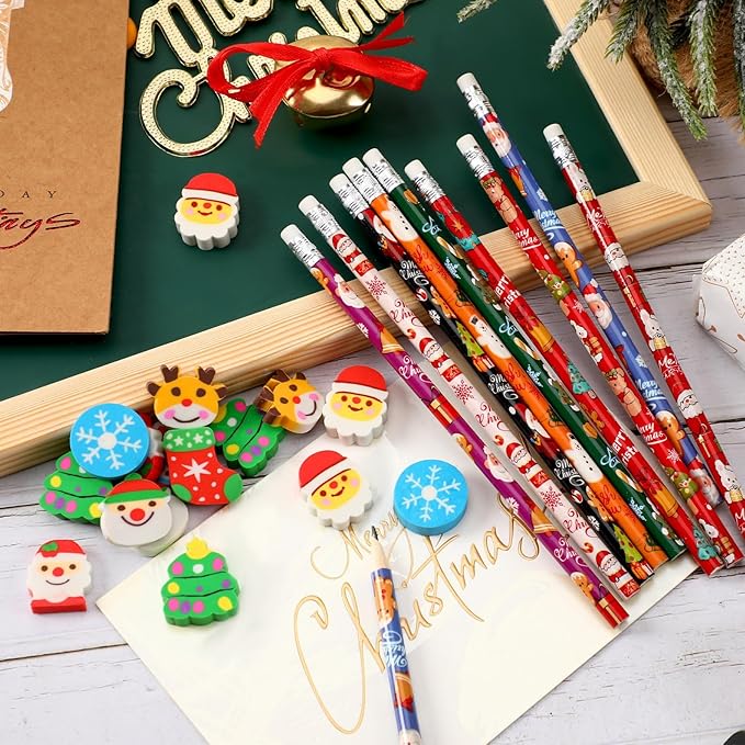 JULMELON 72PCS Christmas Party Favors Set, 36PCS Christmas Pencils with 36PCS Snowman Snowflake Santa Erasers, Pencils for School Classroom Winter Holiday Party Reward Supplies