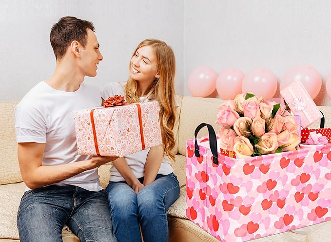 FUULOXE Rectangular Valentines Basket Storage Bin for Shelves Girls Gifts Baskets Foldable Box with Handles for Home Office Car Dormroom Valentine's Day Party Supplies