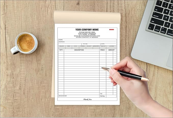 Custom Carbonless Invoice Book with Logo, Personalized Cover & Inner Pages, 2 Part NCR Receipt & Work Order Forms, Easy Tear, Writing Shield for Small Business (2-Part [White/Red], 7.48 x 5.12INCH)