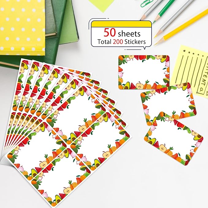 Wonmon 200 PCS Fruit Name Tags Stickers, Self Adhesive Cute Fruits Style Name Tag Labels Stickers for Back to School Classroom Student Office Desk Cubby Locker Themed Party, 2x3 inch