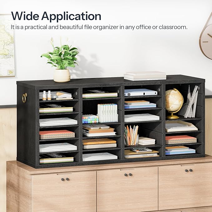 HOOBRO Literature Organizers, 24 Compartments Office Mailbox with Adjustable Shelves, Wood Countertop Literature Sorter for Office, Home, Classroom, Mailrooms Organization Black BK64WF01