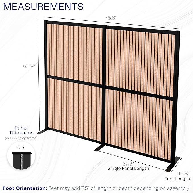 VIVO Modular Wall System, 2 PET Panels, Modern Professional Office Cubicle Dividers, Freestanding Privacy-Screen, 66 inches High, Wood Slat, Black Frame, PP-MWS63BWD
