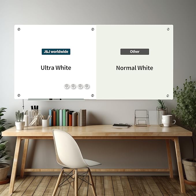 J&J worldwide Magnetic Glass Whiteboard 6' x 4' Ultra White, Large Frameless White Boards for Walls 72 x 48 Inches, Large Dry Erase Board for Office, Home, School