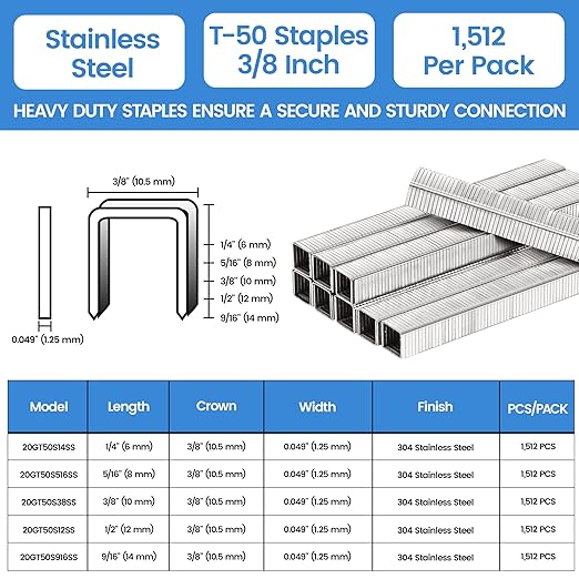 meite T-50 Staple Gun Staples Marine, 3/8 Inch 304 Stainless Steel T-50 Staples, Heavy Duty 20 Gauge 3/8 Inch Crown Upholstery Staple for Marine Applications (10 Packs)