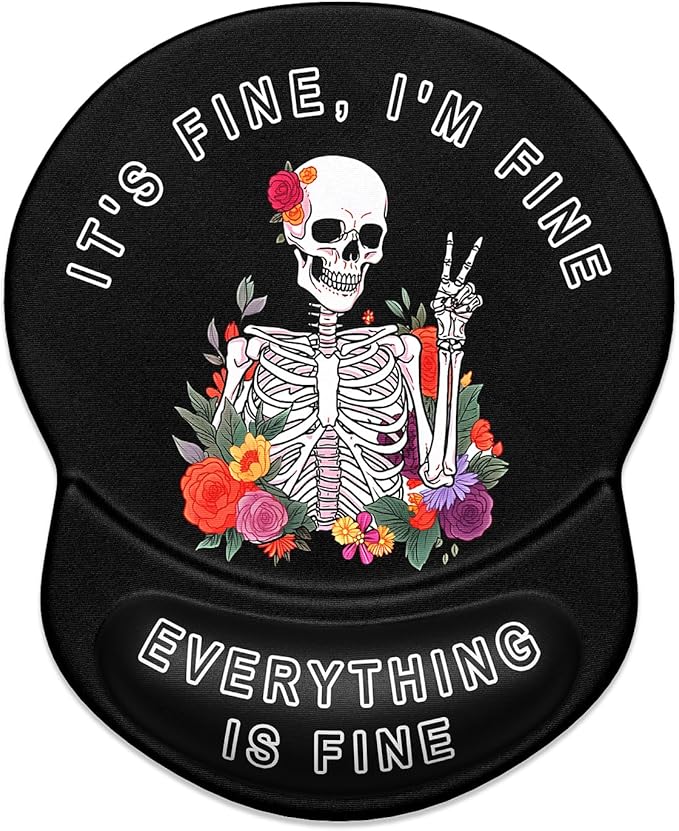 ITNRSIIET Ergonomic Mouse Pad with Gel Wrist Support Small Wrist Rest Smooth Surface Non-Slip PU Base Comfortable Office Supplies Pain Relief, 8.7 x 7.2 inches, Flower Skull