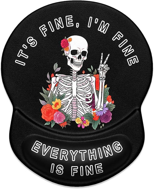 ITNRSIIET Ergonomic Mouse Pad with Gel Wrist Support Small Wrist Rest Smooth Surface Non-Slip PU Base Comfortable Office Supplies Pain Relief, 8.7 x 7.2 inches, Flower Skull
