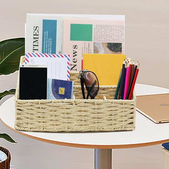 Boershun Rattan Mail Organizer - Countertop, Desk, Bills, Woven Basket, Magazine Holder, Mail Sorter, Hobo Organizer，Beige