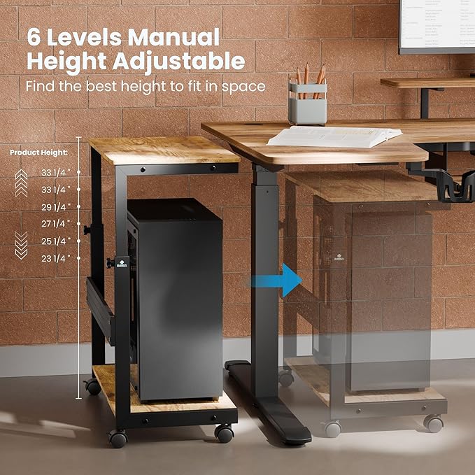 EUREKA ERGONOMIC PC Stand Computer Cart, Height Adjustable Tower Stand 2-Tier Suit for ATX Case Printer, Metal Rolling Cart on Wheels for Gaming Home Office, Antique Wood