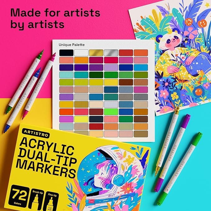 ARTISTRO 72 Acrylic Paint Markers - Paint Pens Dual Tip Brush + Fine Ideal for Calligraphy - Perfect for Fabric, Rock, Glass, Wood, DIY - Art Supplies, Stocking Stuffers, Christmas Gift Idea