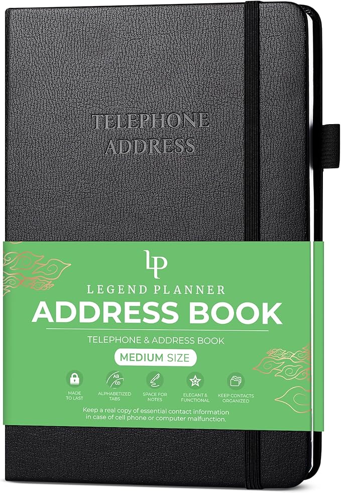 Legend Planner Address Book with Alphabetical Tabs –Telephone Contacts Book for Phone Numbers, Addresses, Passwords, Medium (Black)