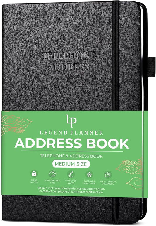 Legend Planner Address Book with Alphabetical Tabs –Telephone Contacts Book for Phone Numbers, Addresses, Passwords, Medium (Black)