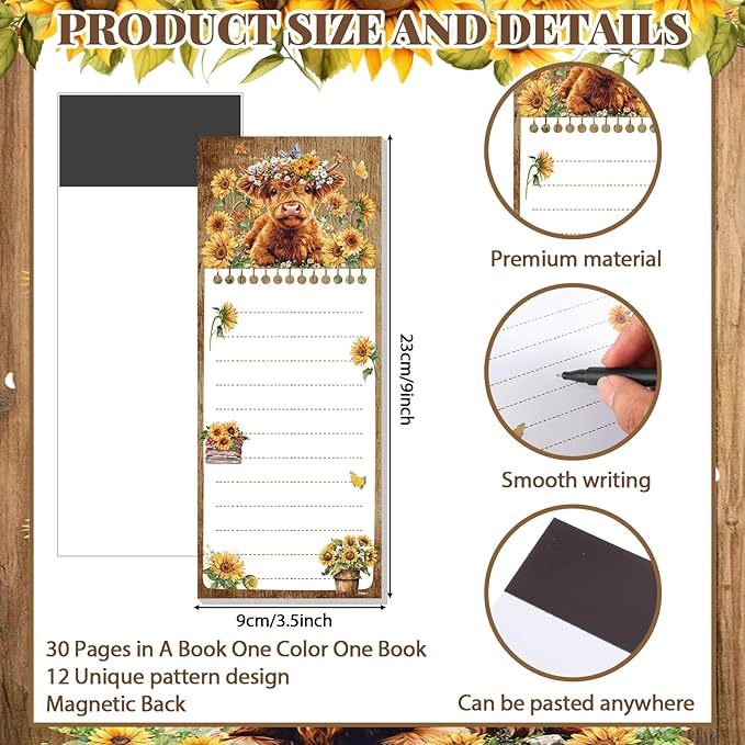 Eaasty 12 Pcs Highland Cattle Magnetic Notepads for Refrigerator Highland Cow Monthly Magnetic Grocery List 9 x 3.5 Magnet Memo Pads 30 Sheet Per Pad Shopping to Do List for January to December