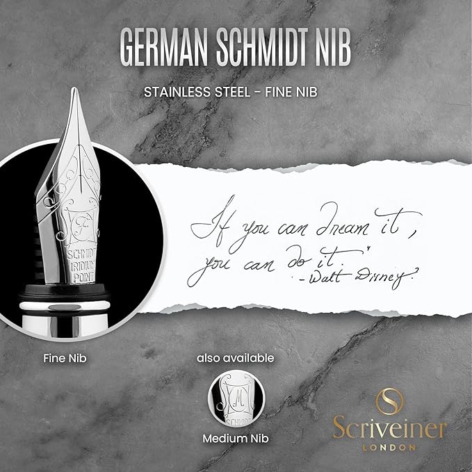 Scriveiner Stainless Steel Fountain Pen - Stunning Luxury Pen with Steel Finish, Schmidt Steel Nib (Fine), Best Pen Gift Set for Men & Women, Professional, Executive Office, Nice Designer Pens
