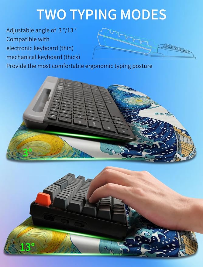 KUOSGM Ergonomic Wave Wrist Rest with Keyboard Stand, Cushioned Palm Rest, Comfortable Integrated Memory Foam for Natural Typing and Relieve Wrist Pain, Starry Night Waves