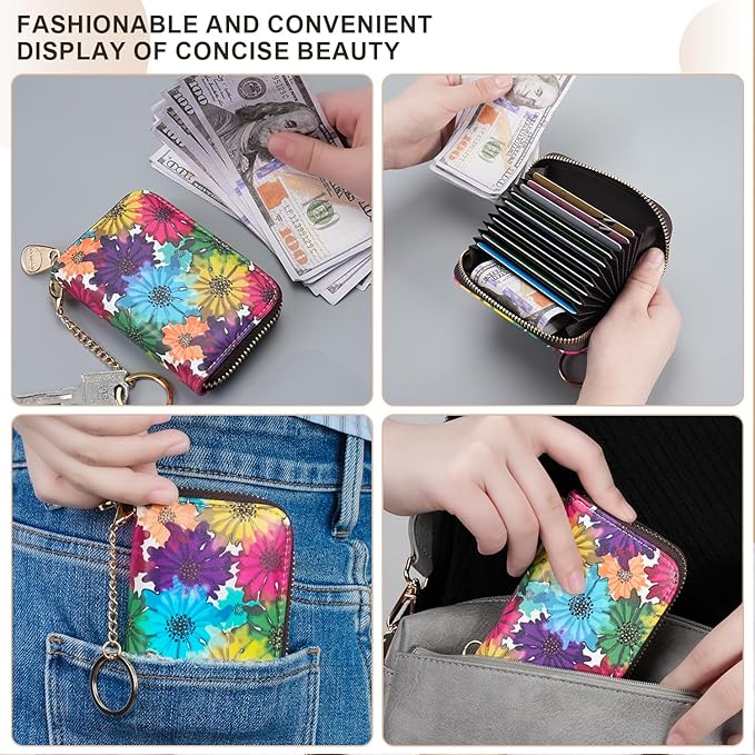 APHISON RFID Credit Card Holder Wallets for Women Leather Zipper Card Case for Ladies Keychain Wallet