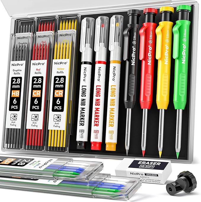 Nicpro 4 Pack Carpenter Pencils with Sharpener, Construction Mechanical Pencil Set with 52 Refills, Heavy Duty Working Tools, Long Nib Marker Pens for Architect Marking (Red, Black, Yellow, Green)