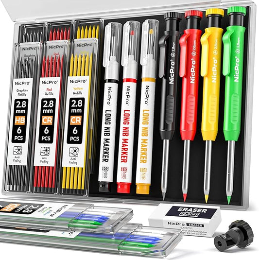 Nicpro 4 Pack Carpenter Pencils with Sharpener, Construction Mechanical Pencil Set with 52 Refills, Heavy Duty Working Tools, Long Nib Marker Pens for Architect Marking (Red, Black, Yellow, Green)