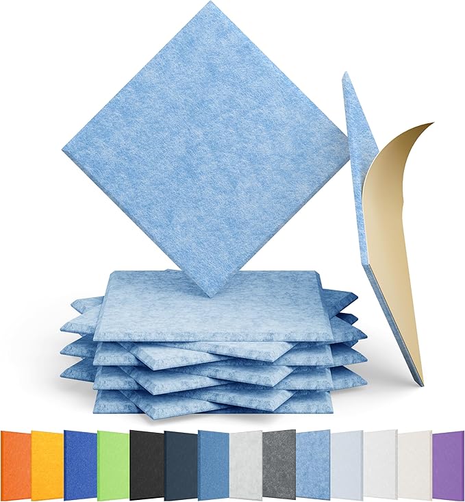 Amantech 12 Pack Acoustic Panels Self Adhesive Sound Proof Foam, High Density Sound Acoustic Panel, 12X12X0.4 Inch Square Panels in Home, Office, Reccording Room, Studio,and more(Light Sky Blue)