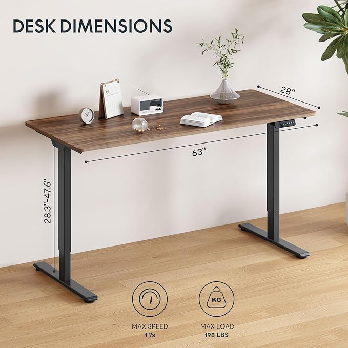 FLEXISPOT 63x28 Inch Large Dual Motor Electric Standing Desk, Black Walnut - 198 lbs Heavy-Duty Capacity, Ideal for Home Office, Creative Studio, or Multi-Monitor Setup