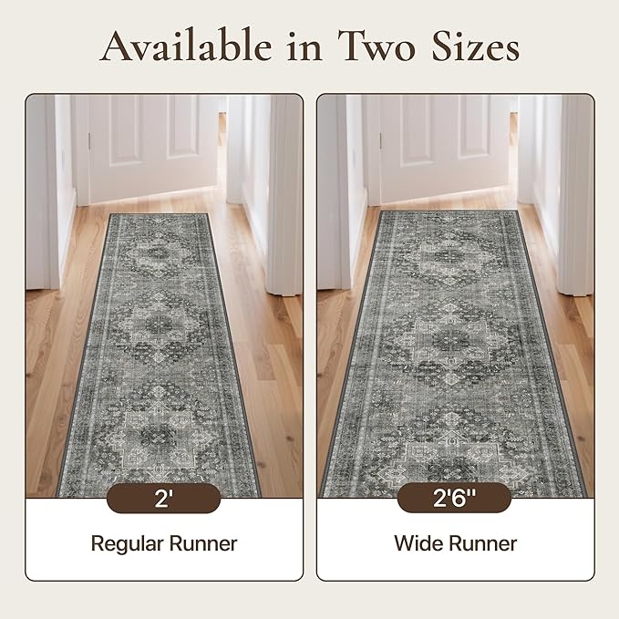 GENIMO 2'6"x8 Runner Rugs for Hallway, Machine Washable Non Slip Vintage Rugs, Low Pile Lightweight Soft Print Rug for enrtyway, Corridor, Home Office, Kitchen, Charcoal Gray