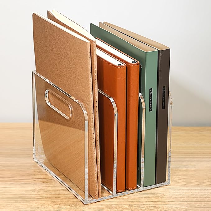 AIDIMOO Acrylic Magazine File Holder, 3 Vertical Compartments Desk Document Sorter Organizer, Clear Folder Rack Binder for Office/Documents/Classroom, for Home, Tablet, Magazines, Books & Accessories