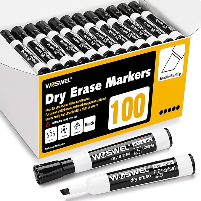 WOSWEL Dry Erase Markers Bulk, Chisel Tip Whiteboard Markers, Low Odor Thick Dry Markers, 100 Black Color for Teachers, Classroom, Office & Home Use
