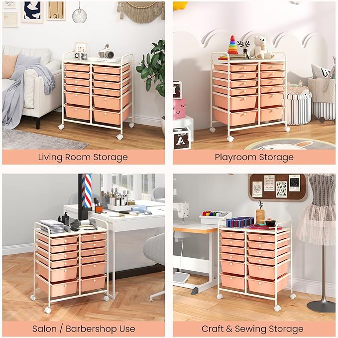 Giantex 12 Drawers Rolling Storage Cart, Classroom Organizers with Wheels for Tools Scrapbook Craft Paper Teacher Office School Supplies (Peach Fuzz)
