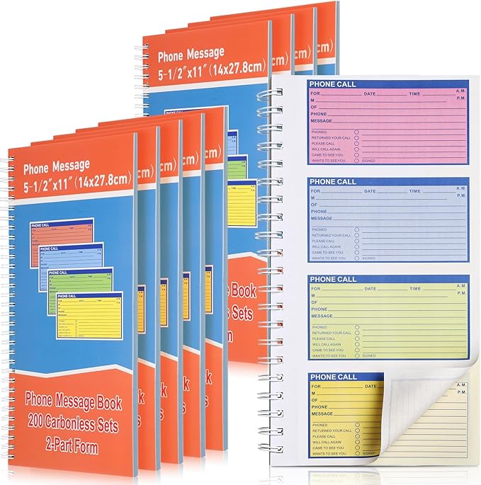 Fullhawl 10 Pcs Spiral Bound Phone Message Book 5-1/2" x 11" 2 Part Colorful Carbonless Phone Message Pads 4 Messages Per Page Carbon Copy Notebook Spiral Phone Call Log Book for Business Office