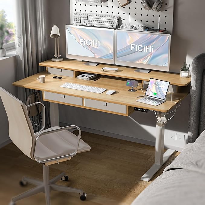 FiCiHi Adjustable Height Standing Desk with 4 Drawers,63 x 30 inches Electric Sit Stand Home Office Desk with Two Tiers, 3 Memory Presets, Monitor Stand Riser, USB A/C Charging Port