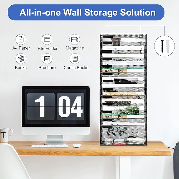 EasyPAG Wall File Holder 14 Tier Mesh Hanging Folder Organizer with Flat Tray Wall Mounted Mail Organizer Magazine Paper Desk Shelf with Nametag Label for Office Home School, Black