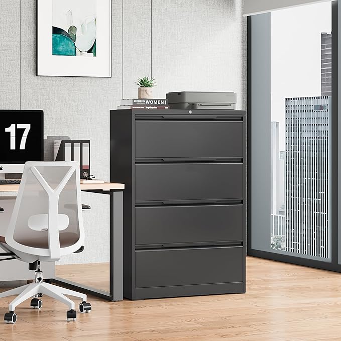 Bestoo 4-Drawer File Cabinet with Lock, Metal Filing Cabinet for Home Office, Lateral Filing Storage Cabinets, Fits File Folders, Letter/Legal/F4/A4 Sizes, Assembly Required (Black)