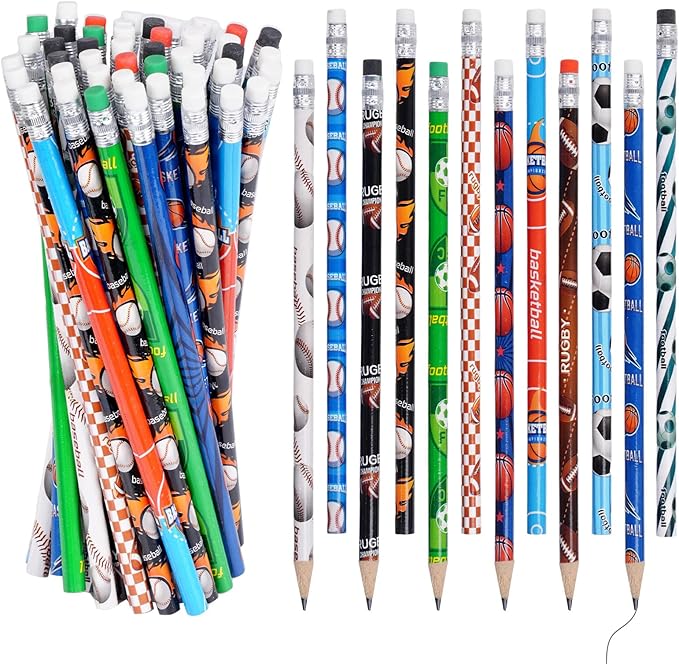 48 Pcs Sports Wooden Pencils with Erasers, Football Soccer Basketball Baseball Funny Sports Pencils for Teacher Gift Supplies, Awards Incentives Pencil (Basketball, Football, Soccer and Baseball)