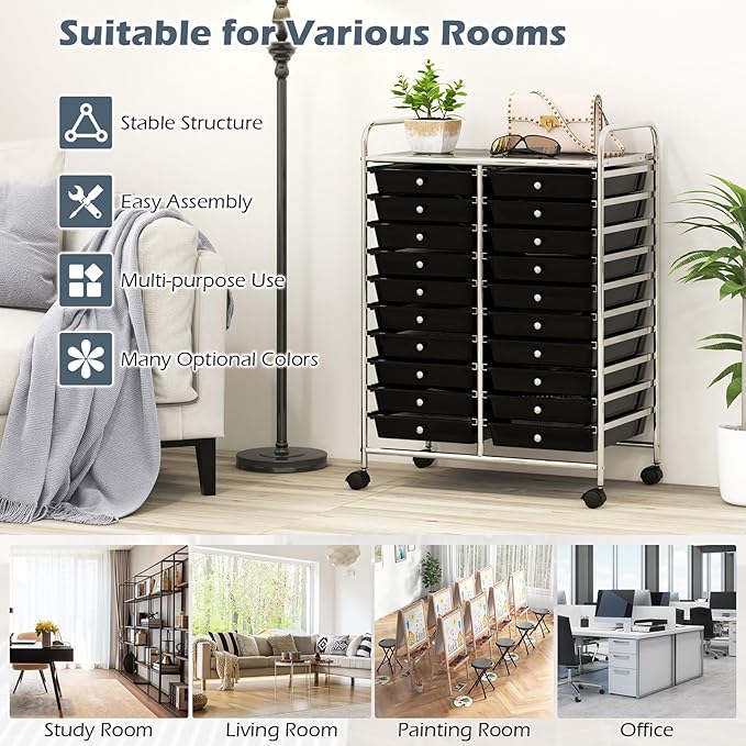 Happygrill 20-Drawer Organizer Cart Tools, Mobile Utility Storage Cart with Removable Drawers & Lockable Wheels, Rolling Storage Cart with wheels for Home Office School (Black)