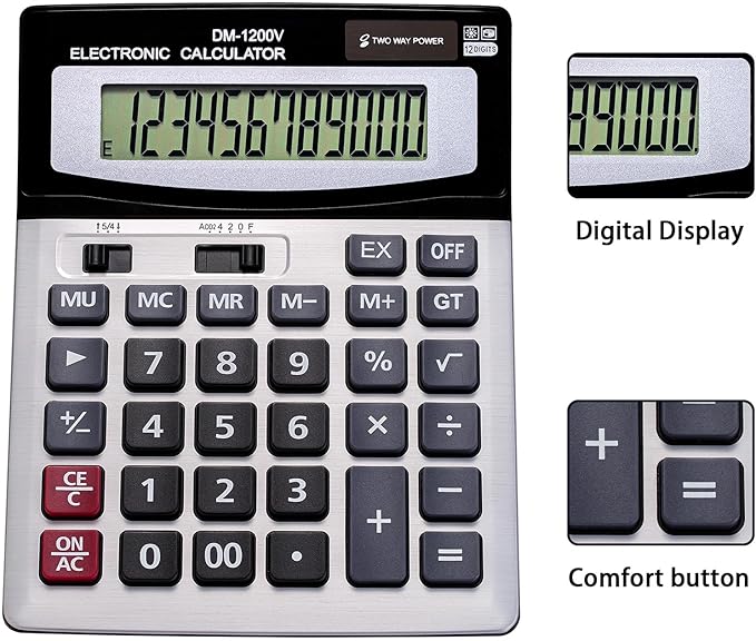 YEBMoo 12 Digit Desktop Calculator with Large LCD Display and Sensitive Button, Dual Solar Power and Battery, Standard Function for Office (YE1200v)
