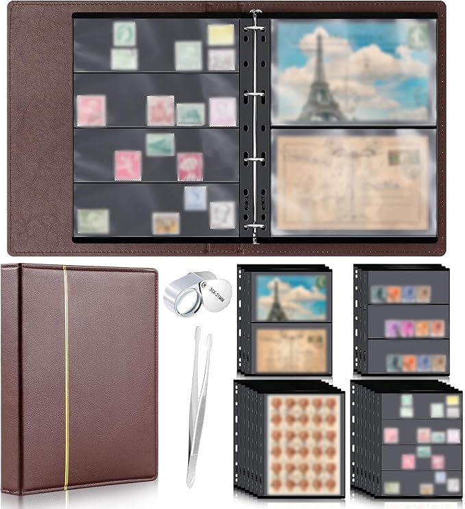 Lewtemi Stamp Collecting Albums Set Stamp Collection Book Include 20 Pages Album Binder Tweezer and Loop Magnifier Collecting Supplies for Collectors(Brown,1/2/3/4 Rows)