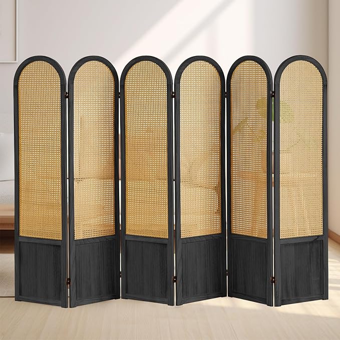 Asnefeli Room Divider 4 Panels, Folding Privacy Screen, Foldable Wood Rattan Room Divider Panel, Portable Partition Screen, Wall Divider for Room Separation Bedroom Home Office Garden Terrace (Black)