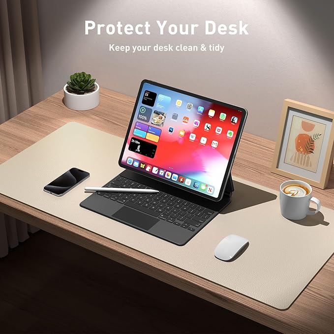 Aothia Non-Slip PU Leather Waterproof Laptop Desk Pad Protector, Blotter Mat, Writing and Mouse Pad for Office & Home, Beige, 23.6" x 13.7"