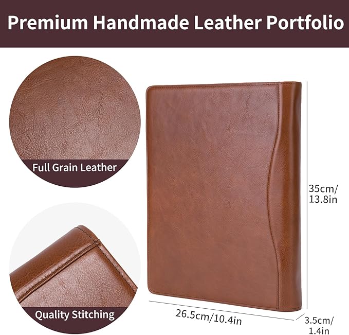Geslun Personalized Genuine Leather 3 Ring Binder, Custom Engraved 8.5 x 11 Letter Size Folio with Pen Holder, Soft Notebook Portfolio Cover, Notepad Padfolio Organizer for Meeting, Brown, Oil Tanned