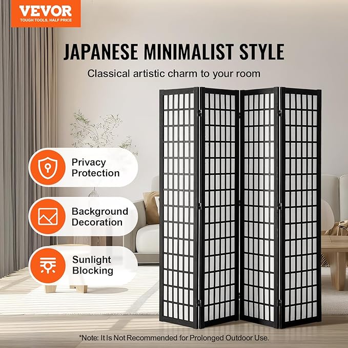 VEVOR Room Divider, 4 Panel Japanese Room Divider, Wood Folding Privacy Screen Indoor, Partition Dividers Portable Decoration Screens, for Room Separation Home Office Restaurant & Bedroom(Black)