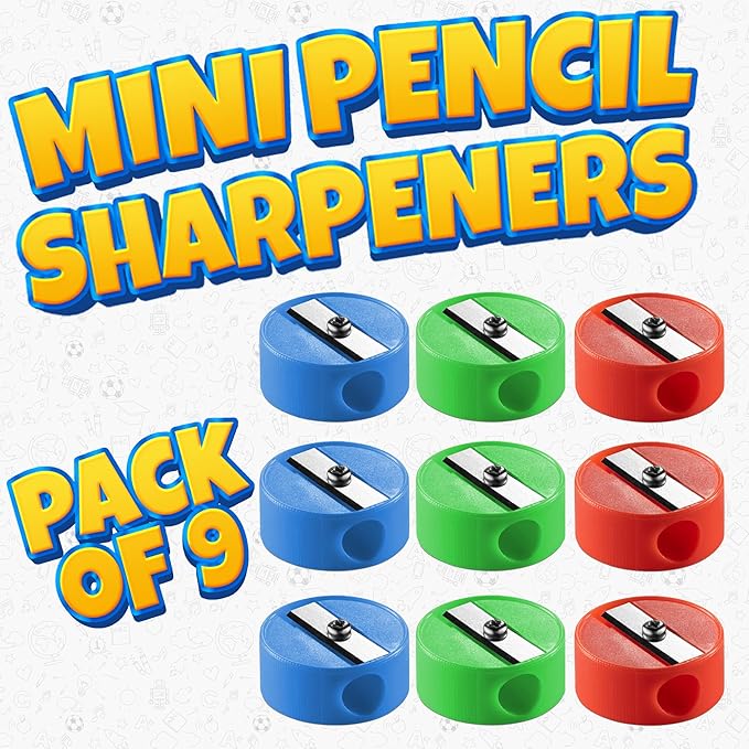 Bedwina Pencil Sharpeners - 9 Pack Pocket Sized Mini Handheld Colored Pencil Sharpener Manual for Kids, Plastic and Colorful for Party Favors, Goodie Bags, Classroom Prizes, School Supplies