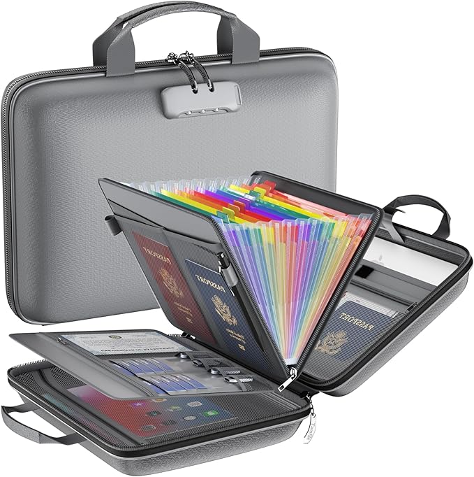 Fireproof File Organizer with Lock, Hard-Shell Case Fireproof Document Box with 13 Colorful Pockets Accordion File Folder, Important Document Organizer for Letter A4 Files Laptop Passports (Grey)