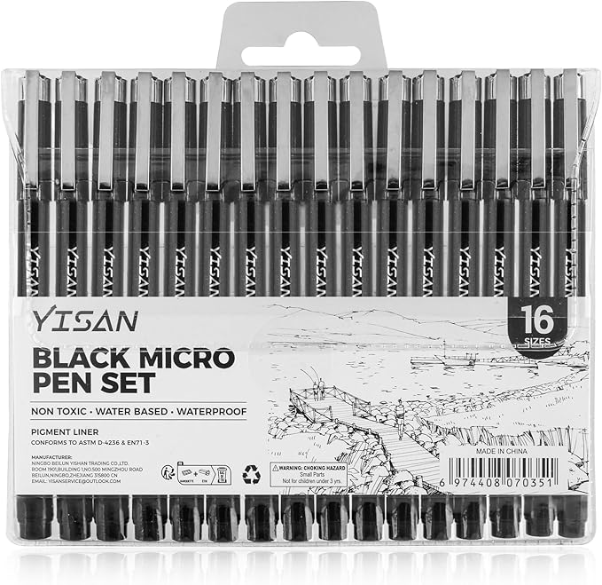 YISAN Black Drawing Art Pens,Micro Fineliner Manga Pens,Calligraphy Pens for Sketching Technical Drawing,16 set 70351