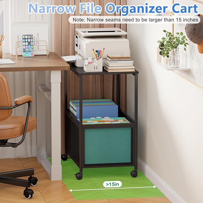Sbanmao Rolling File Cart, Mobile Hanging File Cabinet with Wheels, Filing Cabinet Organizer Printer Stand File Organizer File Cabinet for Home Office, Black (120~150 Letter-Size Files)