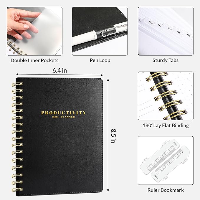 SUNEE 2026 Planner 5.9" x 8.3" – Dated Productivity Planner for Time Management - Daily,Weekly & Monthly Planner to Achieve Goals - Planner 2026 dated from January 2026 – December 2026,Black