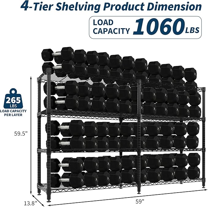 MilleLoom 4-Tier Metal Shelving Unit, Heavy Duty Storage Shelves Adjustable Garage Shelf, Easy Assembly, for Basement, Kitchen & Pantry Room Organization, 13.8" D x 60" W x 59.5" H