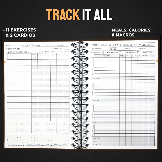Nextnoid Hardcover Fitness & Food Journal - Workout & Meal Planner Notebook for Women & Men - A5 Sturdy Food Tracker Journal to Track Diet, Gym & Home Workouts - Beige