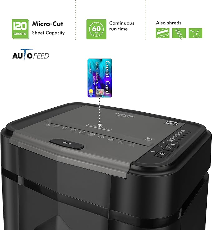 Aurora Professional Grade AU125MA 120-Sheet Auto Feed High-Security Micro-Cut Paper Shredder/60 Minutes/Security Level P-5